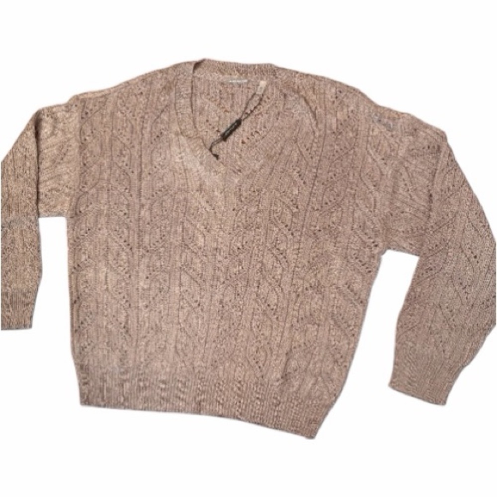 WT Elie Tahari Pointelle Metallic Knit Sweater – XL – Taupe Beige